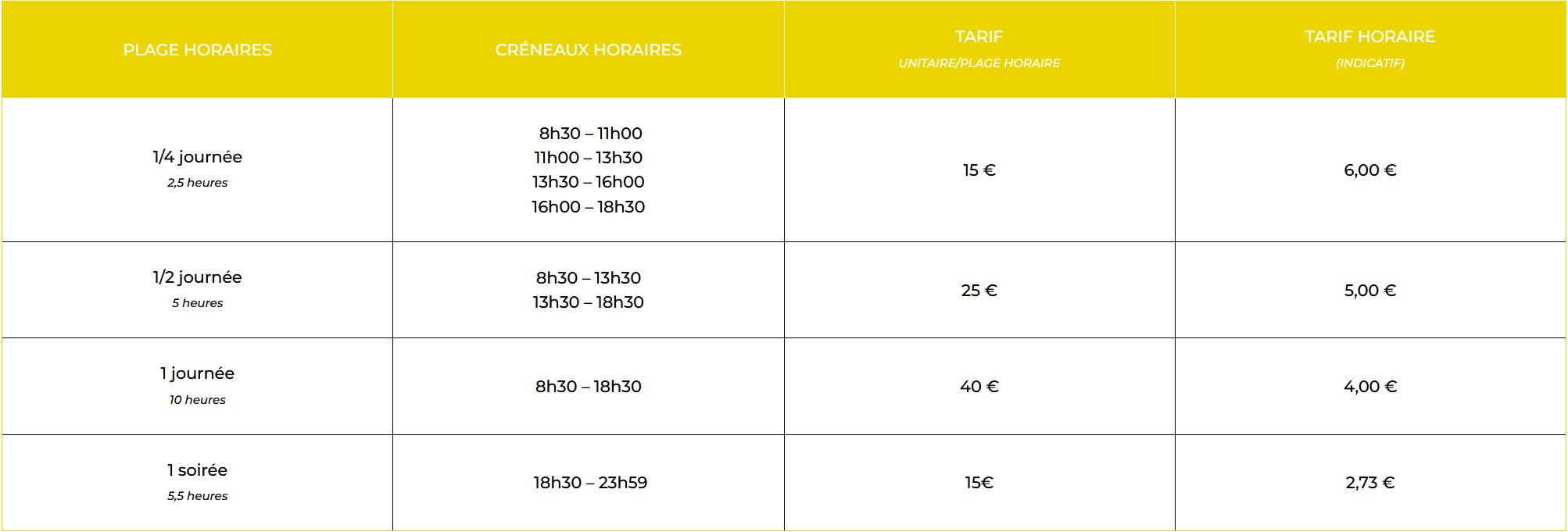 tarifs espace cocon privatif